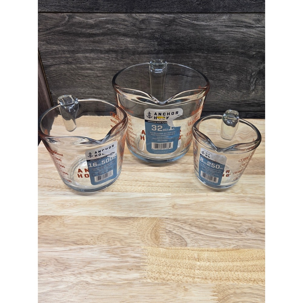 New Anchor Hocking Glass Measuring Cup Set 3 Piece 1 2 4 cup Clear Red Markings